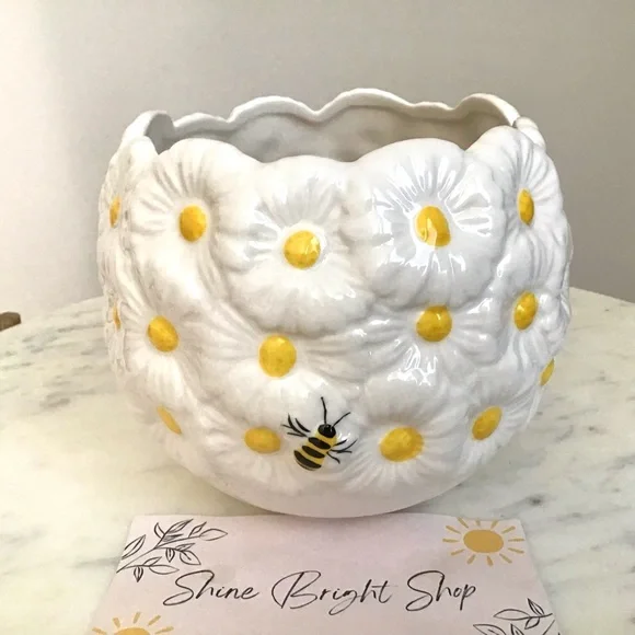 Anthropologie Flower Pot Vase Planter Handpainted Stoneware Daisy New With Tag - Picture 4 of 7